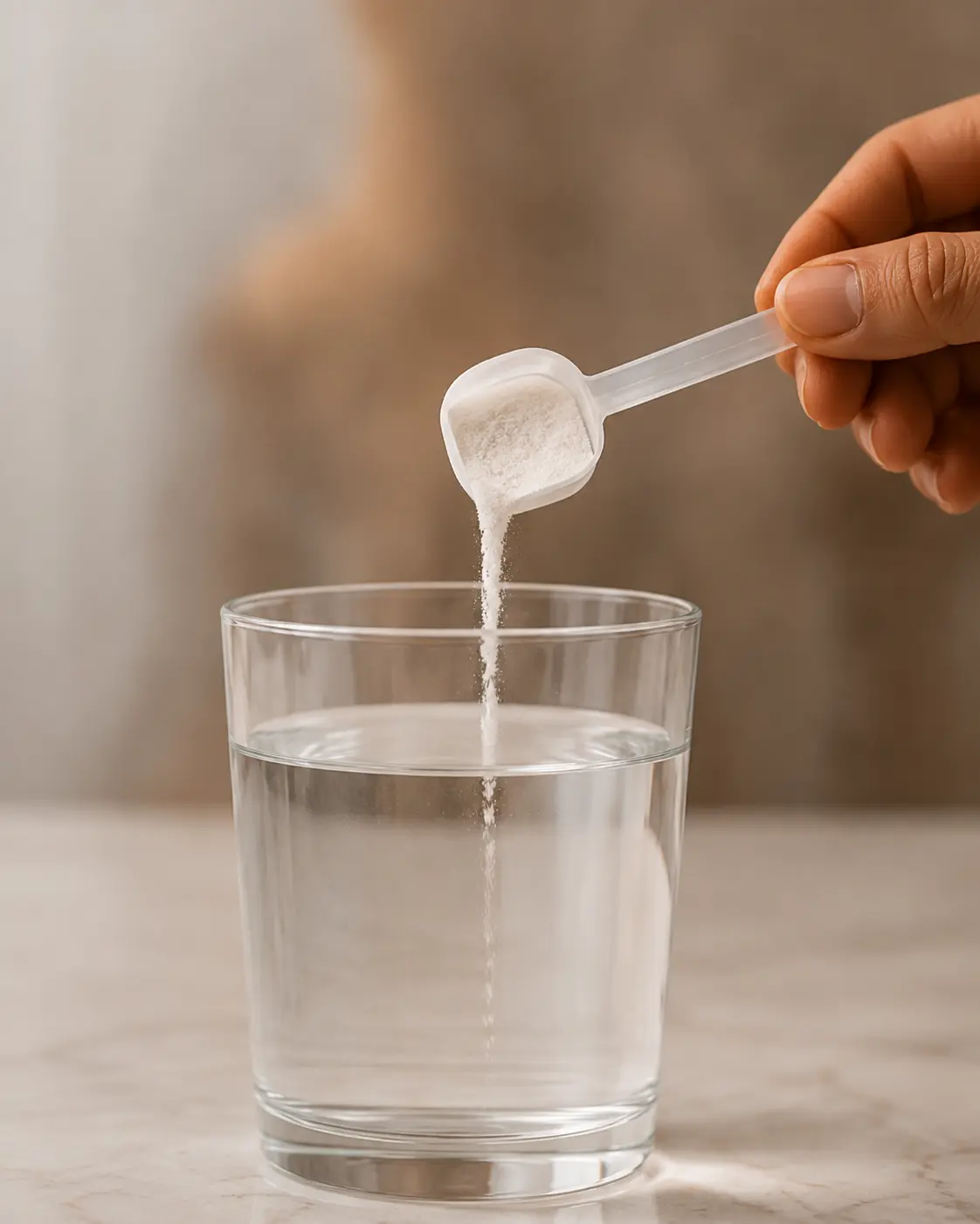 Hand pouring a scoop of creatine into a glass of water